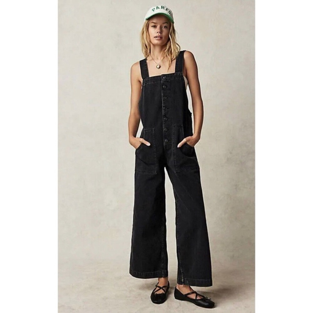 Free People Fields of Flowers Wide Leg Overalls Vintage Black - Picture 2 of 8